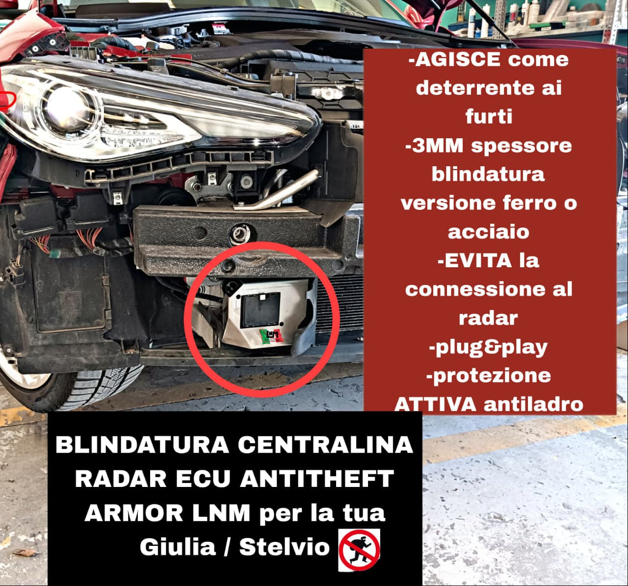 Blindatura radar Alfa Romeo Giulia QV spessore maggiorato centralina EXTREME ANTITHEFT ARMOR INOX LNM