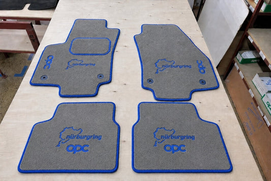 Tappetini Opel Astra H OPC gtc velluto grigio chiaro loghi OPC NÜRBURGRING blu bordo blu